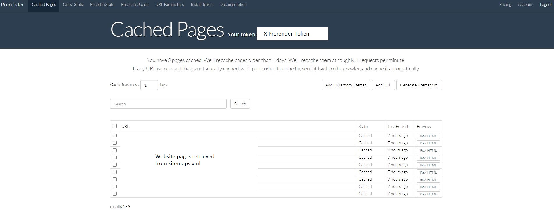 Prerender.IO configuration page